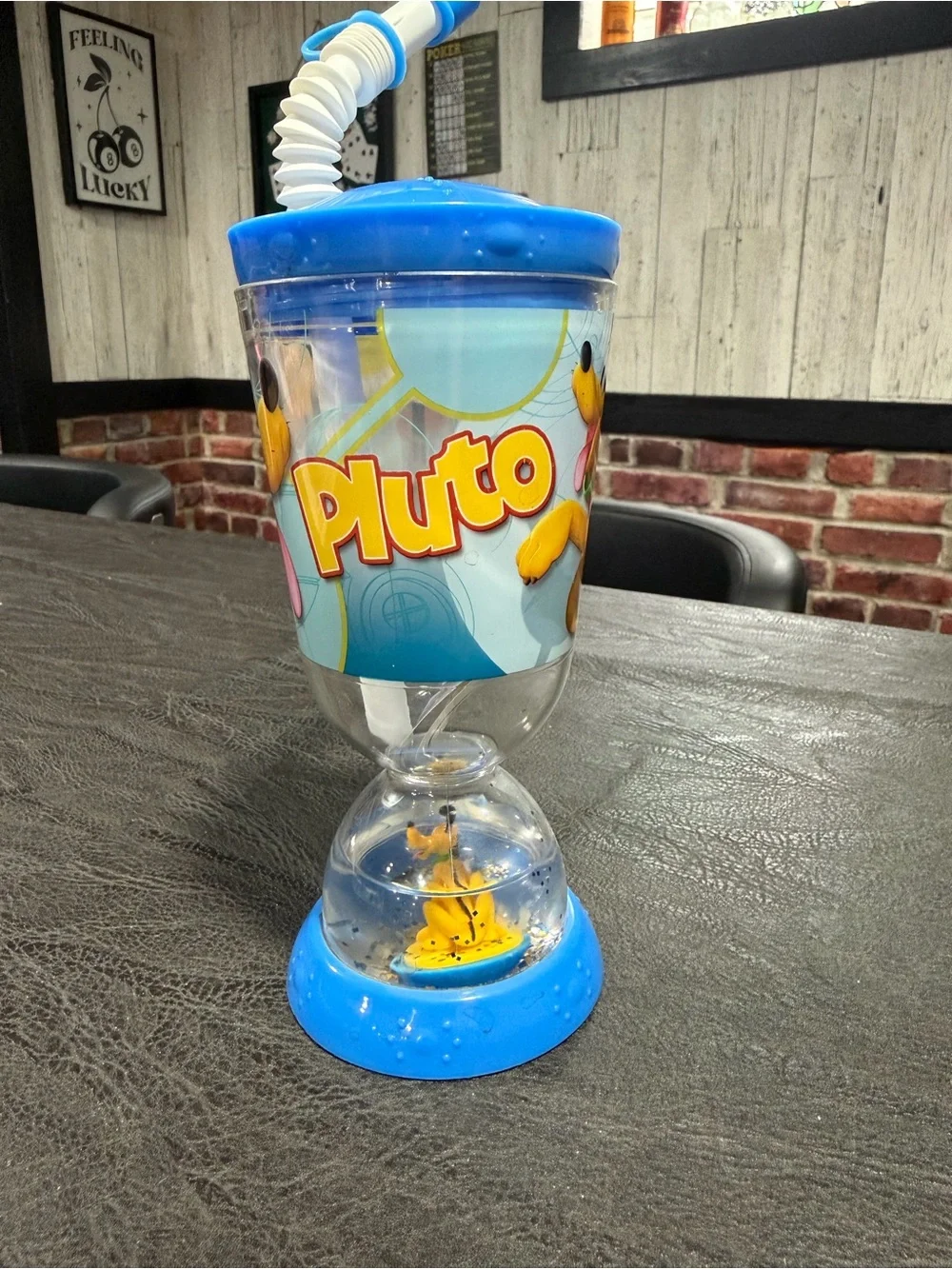 Vintage Disney Pluto Blue & Yellow Plastic Kids Party Cup with Lid and Straw